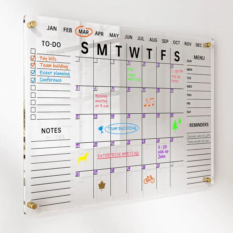 

Wall Calendar with Dry Erase Surface 28x20 Clear Monthly Planning Board Includes 8 Color Markers, Eraser, MultiColor Standoff Sc