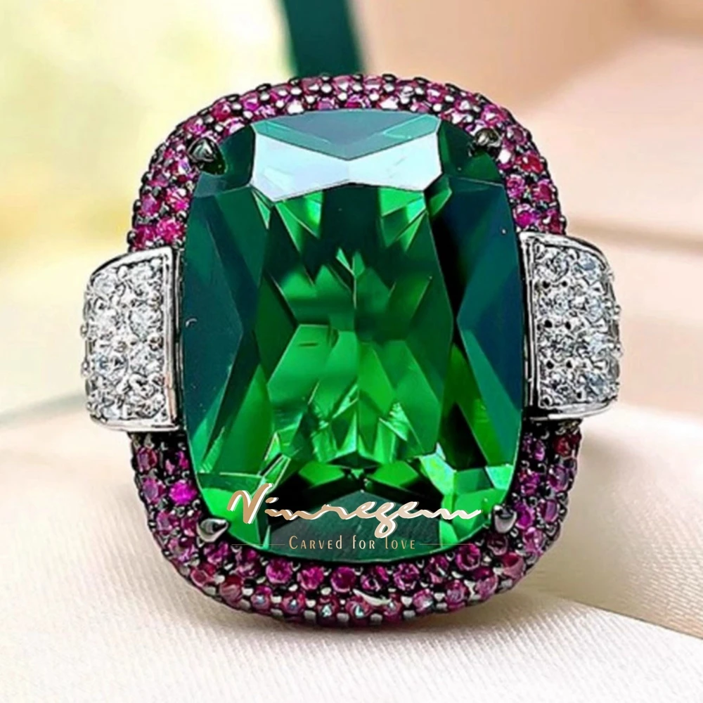 

Vinregem 12*16 MM 12CT Emerald Ruby High Carbon Diamond Gems Vintage 100% 925 Sterling Silver Cocktail Party Ring Fine Jewelry