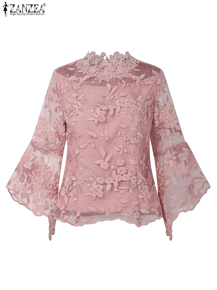 ZANZEA 2025 Elegant Women Blouse Summer 3/4 Flare Sleeve Tunic Tops Fashion Lace Shirts Mesh Patchwork Casual See-through Blusas