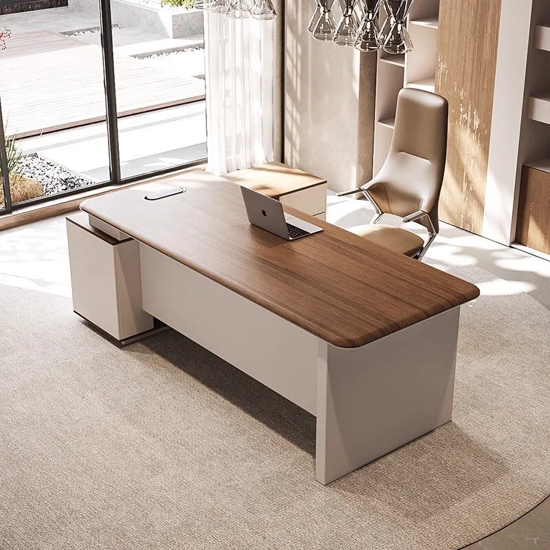 &Boss Executive L-Shaped Minimalist Modern Brown Beige Office Desk with Side Cabinet and Chair Set Wood Material