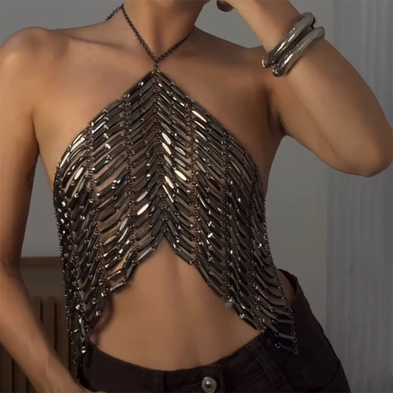 

Crystal Beading Halterneck Vest Chain Tie Up Backless Crop Tops Sexy Night Out Coquette Club Party Tank Tops Women Summer Camis