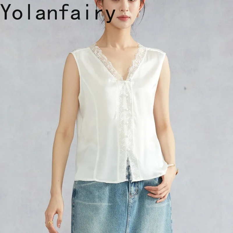 YOLANFAIRY Real Silk Satin Vest for Woman 90% Mulberry Silk V Neck Women's Tanks Sleeveless Elegant Lace Trim Casual Tank Tops