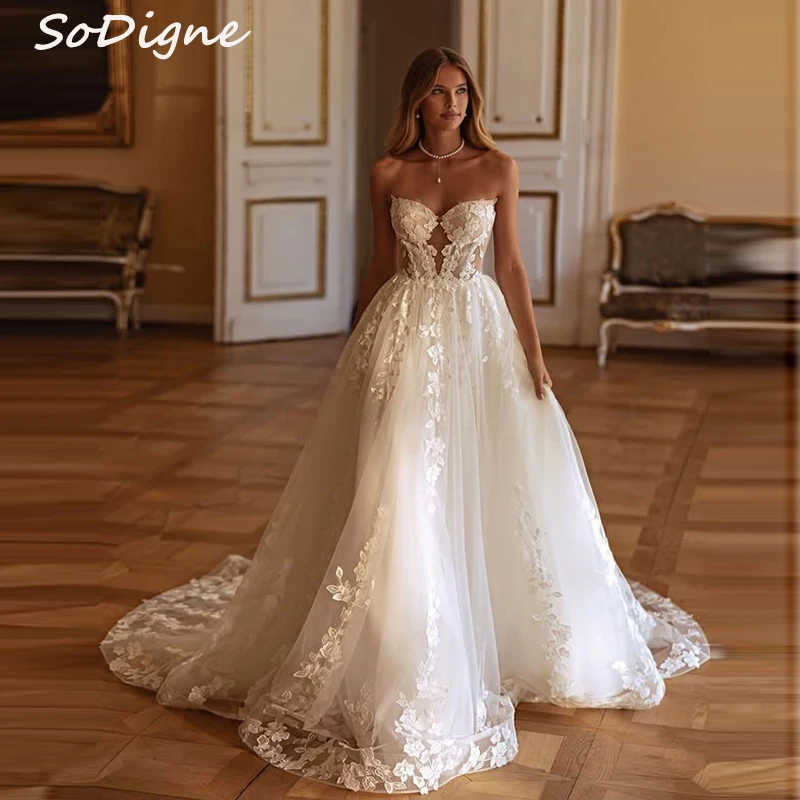 

SoDigne A-line Appliques Wedding Dresses Sweetheart Sleeveless Tulle Bridal Dress Beach Wedding Gown Robe De Mairee ﻿Customized