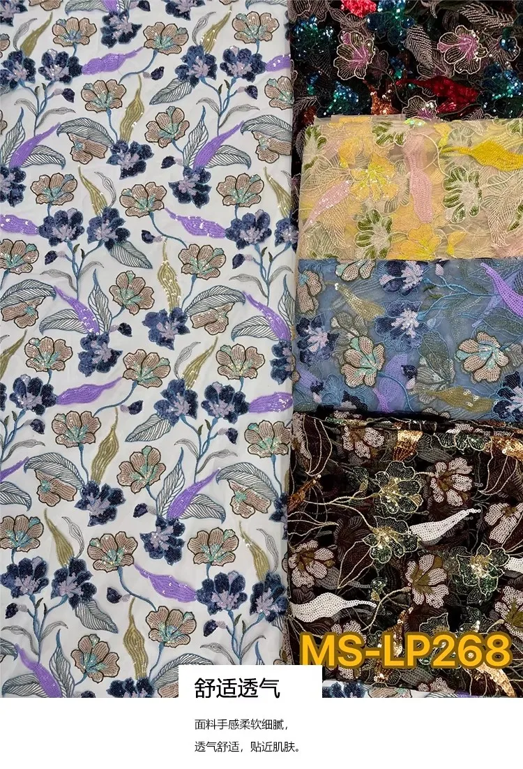 1yard Luxury Double color bead flower sequin embroidery tela Dress cheongsam diy sewing fabric New soft mesh fabric view 5