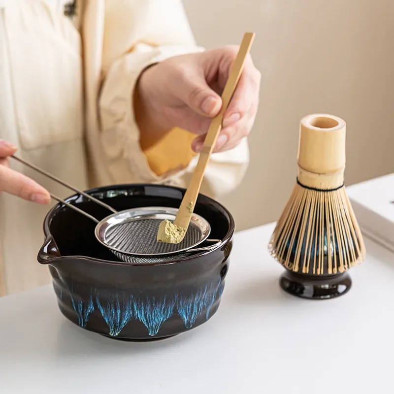5PCS /SET Celestial Glaze Matcha Set: A Kiln-Fired Ceramic Chawan with Starry Night & Gold Sand Enamel, Bamboo Tea Whisk​