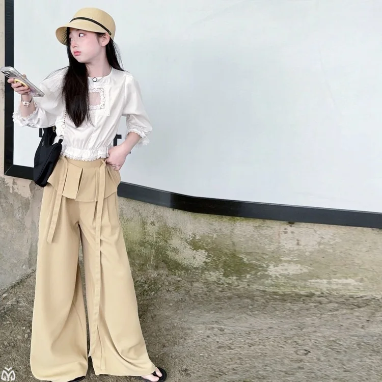 French design chic Summer teen girl clothes Sided Lace short Shirt Butt Curtain Casual Pants junior child kid trousers outfits