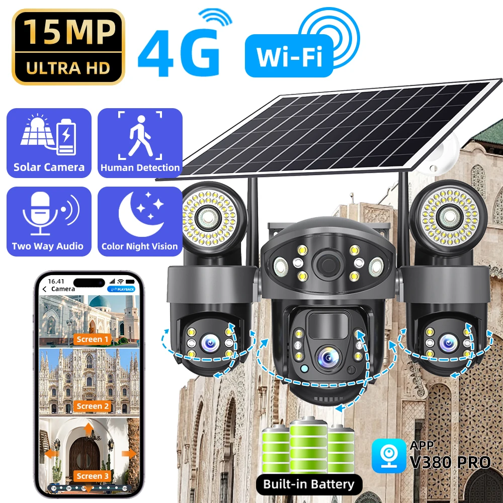 

4G Solar Security Camera Outdoor Waterproof Three Lens Three Screens Full Color Night Vision Motion Detection CCTV WIFI Cameras