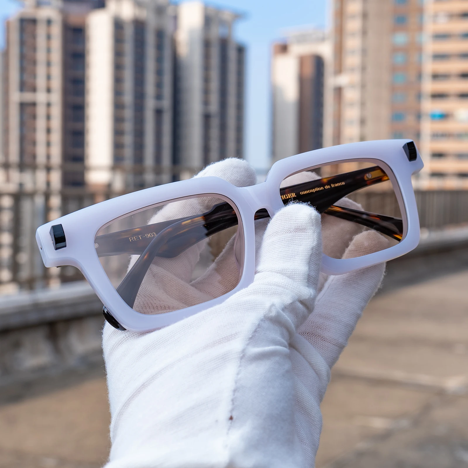 نظارات شمسية مستطيلة فاخرة من ريف تايجر للرجال، ألياف خلات بيضاء لامعة من اليشم، حماية 400 فولت، نمط مربع صغير