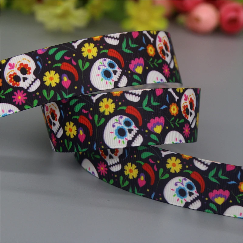 DHK 50yards Skull Zombie Printed Grosgrain Ribbon Accessories Material Headwear Decoration DIY Sewing Craft S2214