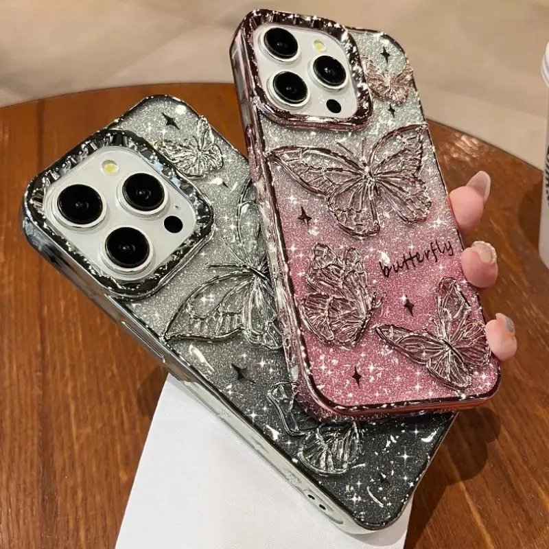 3D Bling Glitter Butterfly Quicksand Gradient Phone Case For iPhone 16 15 14 13 12 11 Pro Max 16 Plus Plating Shockproof  Cover