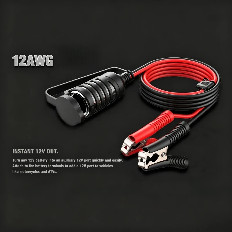 1.5M/5M Car Battery Alligator Clip Power Adapter 12AWG Heavy Duty Copper Wire 12V/24V Female Auxiliary Socket Cord NO Battery