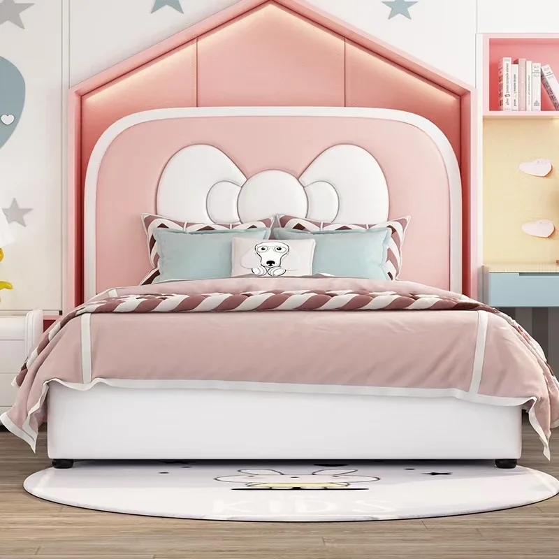 Modern eenpersoonsbed Houten frame lederen hoofdeinde Schattig roze kleur kinderbed prinses designmeubilair kinderbed voor slaapkamer