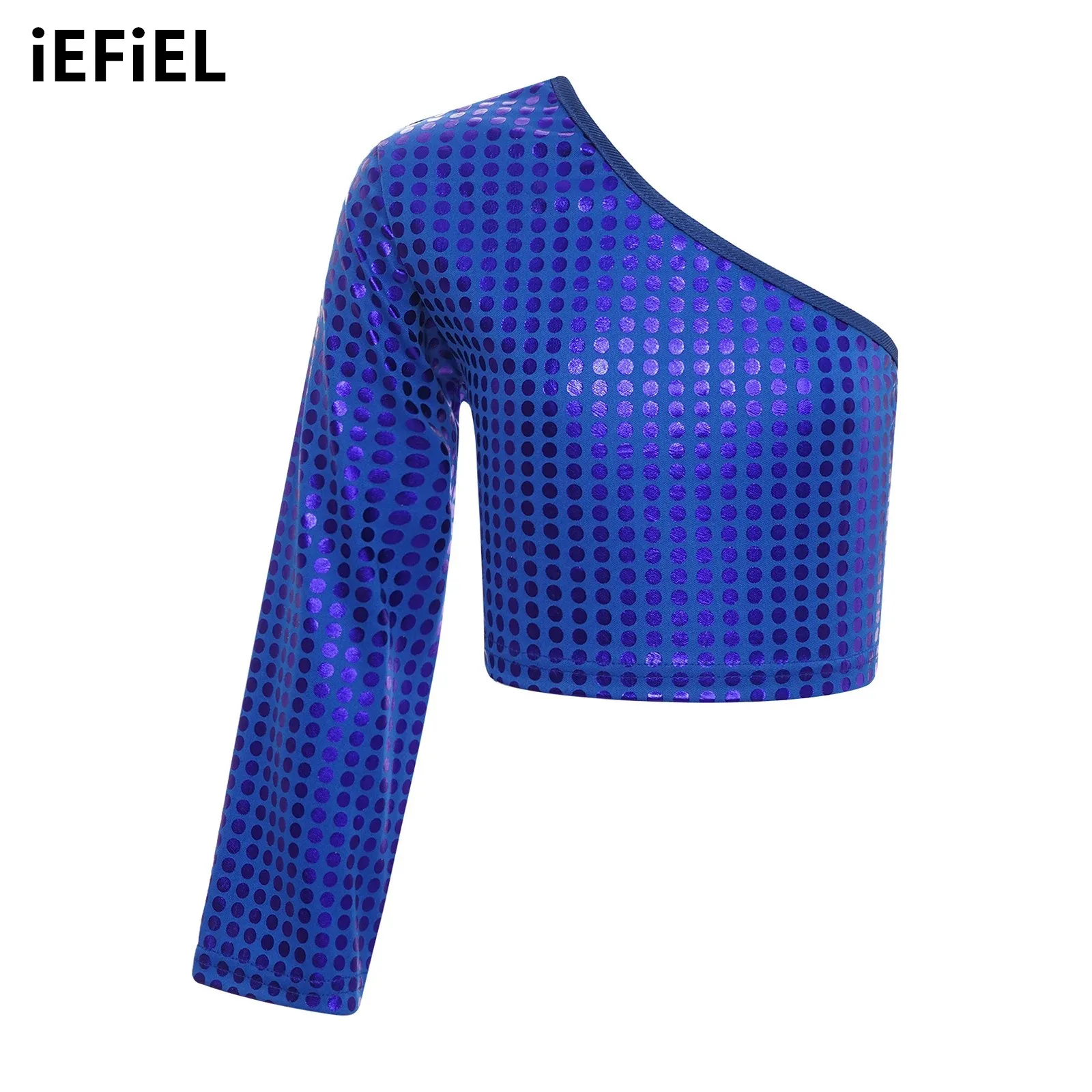 

Kids Girls Boys Metallic Shiny Dots T-shirt Fashion One Shoulder Long Sleeve Crop Top Cheerleading Dance Performance Costume