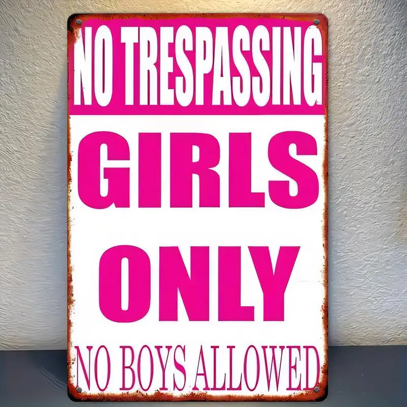 Vintage Rusted Girls Only No Boys Allowed Metal Tin Sign - Pink & White Fun Slogan Retro Wall Art, Iron Material, Perfect for Gi