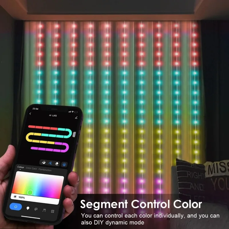 Luci per tende a LED intelligenti Stringa Spina USB Telecomando Luce per tende RGBIC con app Bluetooth Luci per tende natalizie per esterni