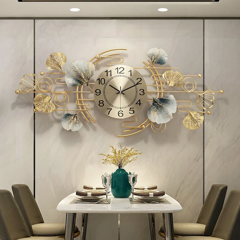 Metal Ginkgo Leaf Light Luxury Wall Clock Fashion Decorative Clocks Home Living Room Porch Decor Pendant Silent Quartz Watches