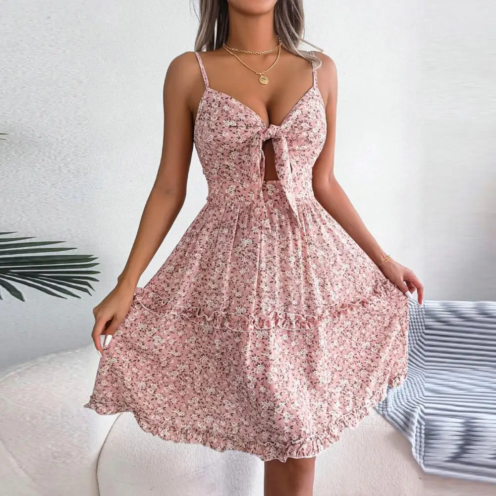 Holiday Dress V-Neck Quick Drying Cool Beach Floral Leaves Print Spaghetti Straps Mini Dress  Women Dress  Streetwear