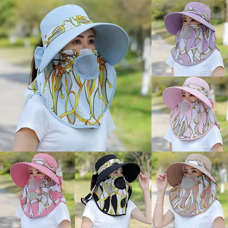 Summer Women Wide Brim Garden Work Shade Hat Face Mask Detachable Sunhat Outdoor Print Breathable Fisherman Hat UV Protection