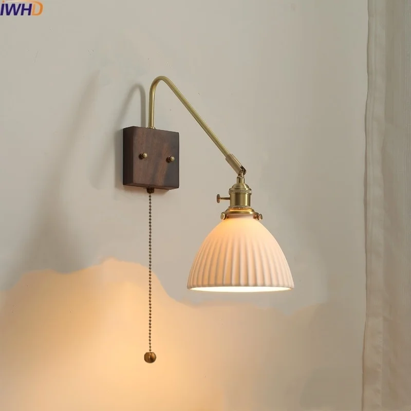 

IWHD Pull Chain Switch LED Wall Light Fixtures Bedroom Living Room Balcony Walnut Ceramic Nordic Bedside Lamp Espejo Pared