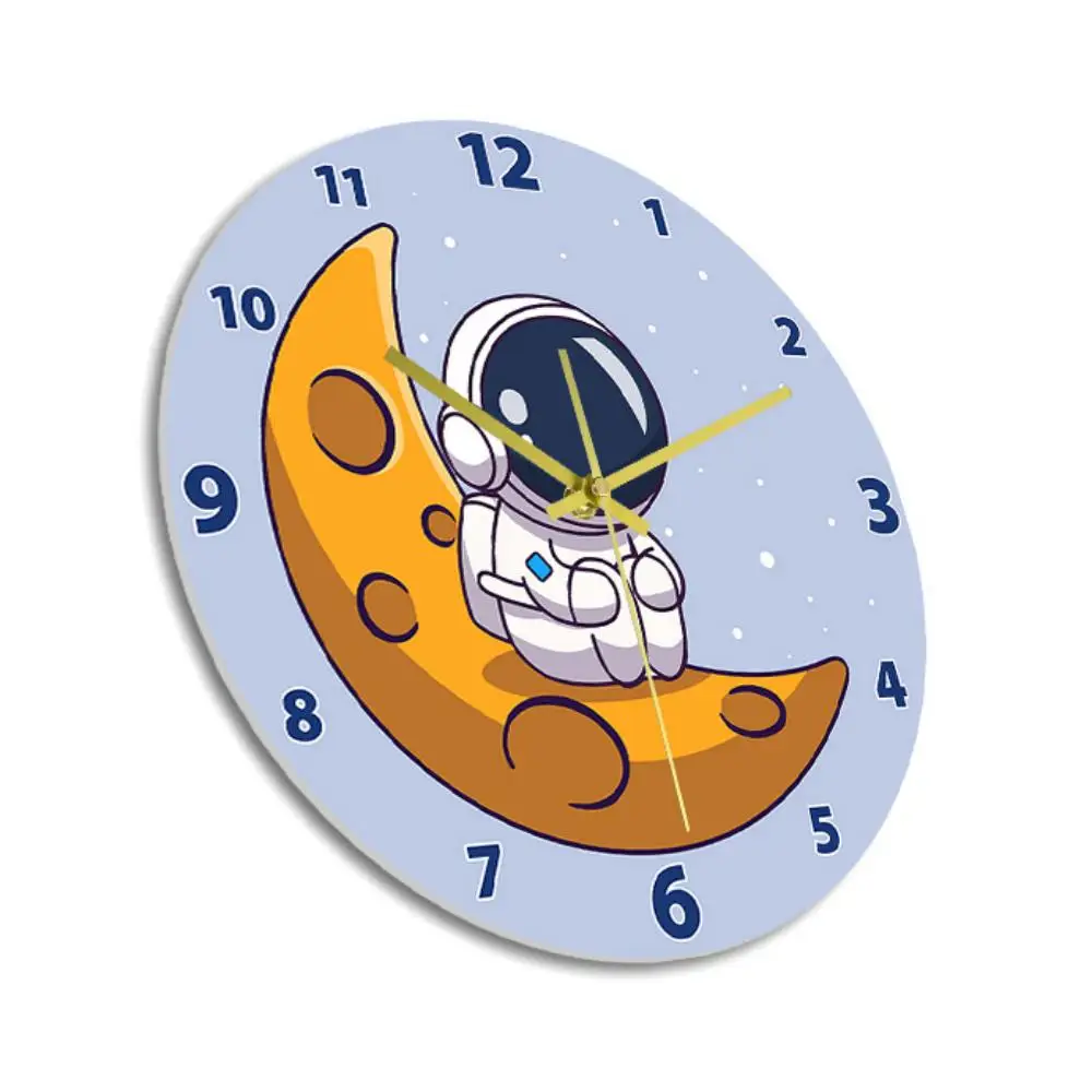 Cartoon Astronaut Silent Non Ticking Wall Clock for Nursery Kids Room Astronomical Artwork Clock Space Home Decor Timepieces