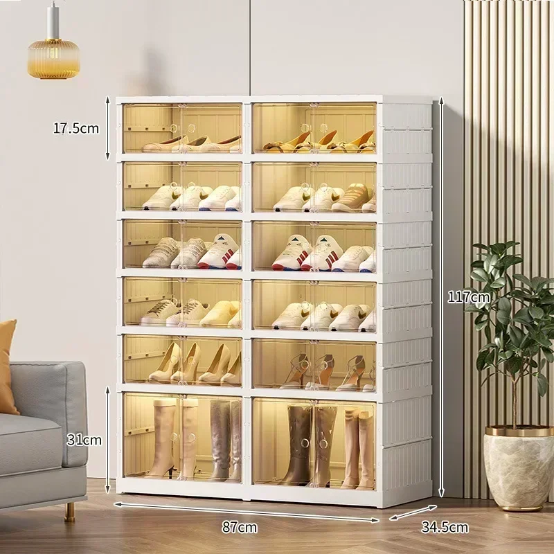 Foldable Shoe Racks Organizer for Closet,Plastic Collapsible Shoes Storage Box,Clear Stackable with Door Easy Assembly