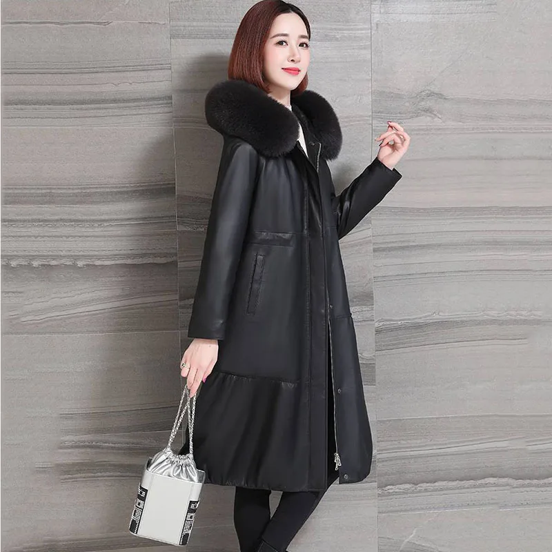 Winter 2022 New Pu leather Parka Women Down Cotton Jacket Pocket Big Fur Collar Coat Female Padded Warm Mid Long Outerwear Tops