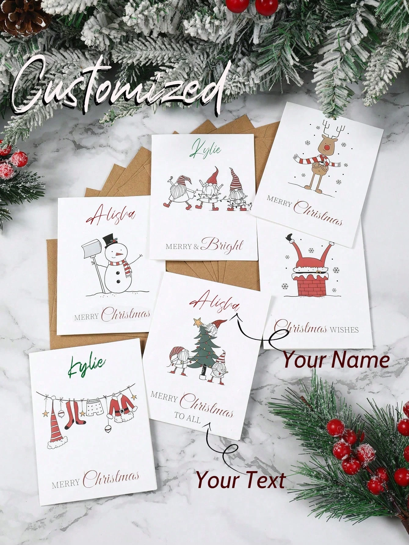 Personalisierte individuelle Weihnachtsgrußkarten, Zwerge, Schneemann, Elch, skizzierter Stil, Notizkarte, Umschlag, Heimdekoration, Geschenke