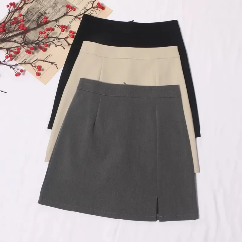 Pop 2024 New Spring High-waisted Anti-exposure A- Line Mini Dress Women's Korean Style Side Slit Hip Covering Skirt