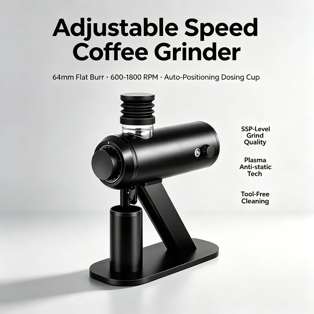 LXCHAN J64 Adjustable Speed Dose Coffee Grinder 64mm Titanium Flat Burr SSP-Compatible Plasma Anti-Static for Espresso Pour-Over