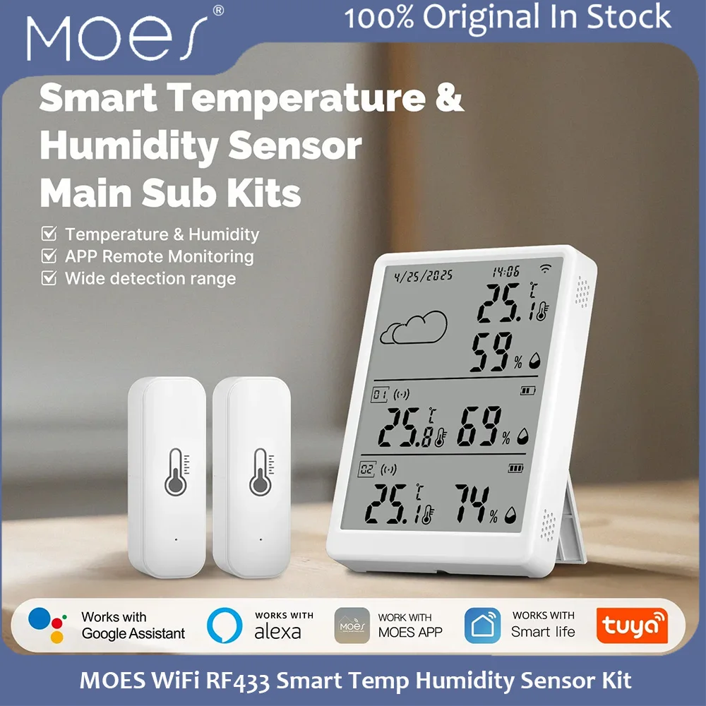 Moes Smart Temperature & Humidity Sensor Main Sub Kits WIFI RF433 Voice Control APP Remote Monitor Alexa Google Assistant Tuya