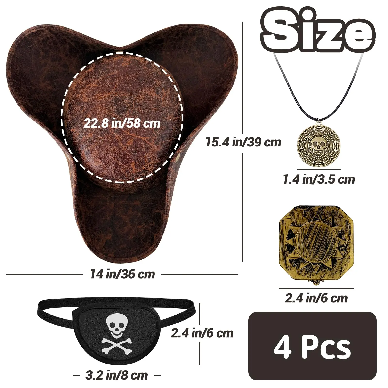 4PCS Pirate Hat,Renaissance Pirate Tricorn Hat with Eye Patch & Necklaces for Halloween Cosplay
