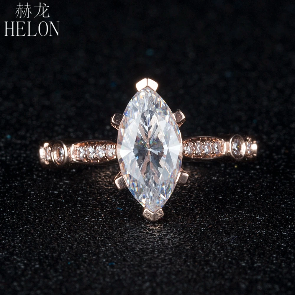 HELON Women Jewelry Moissanite Ring Solid 10K 14K Rose Gold Marquise 5x10mm Lab Grown Diamond Moissanite Engagement Wedding Ring