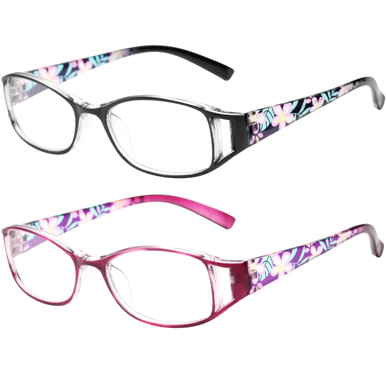 2-Pack  Fashion Print Reading Glasses for Women, Durable Plastic Frame & Lens with Comfortable Wide Arms Floral Pattern