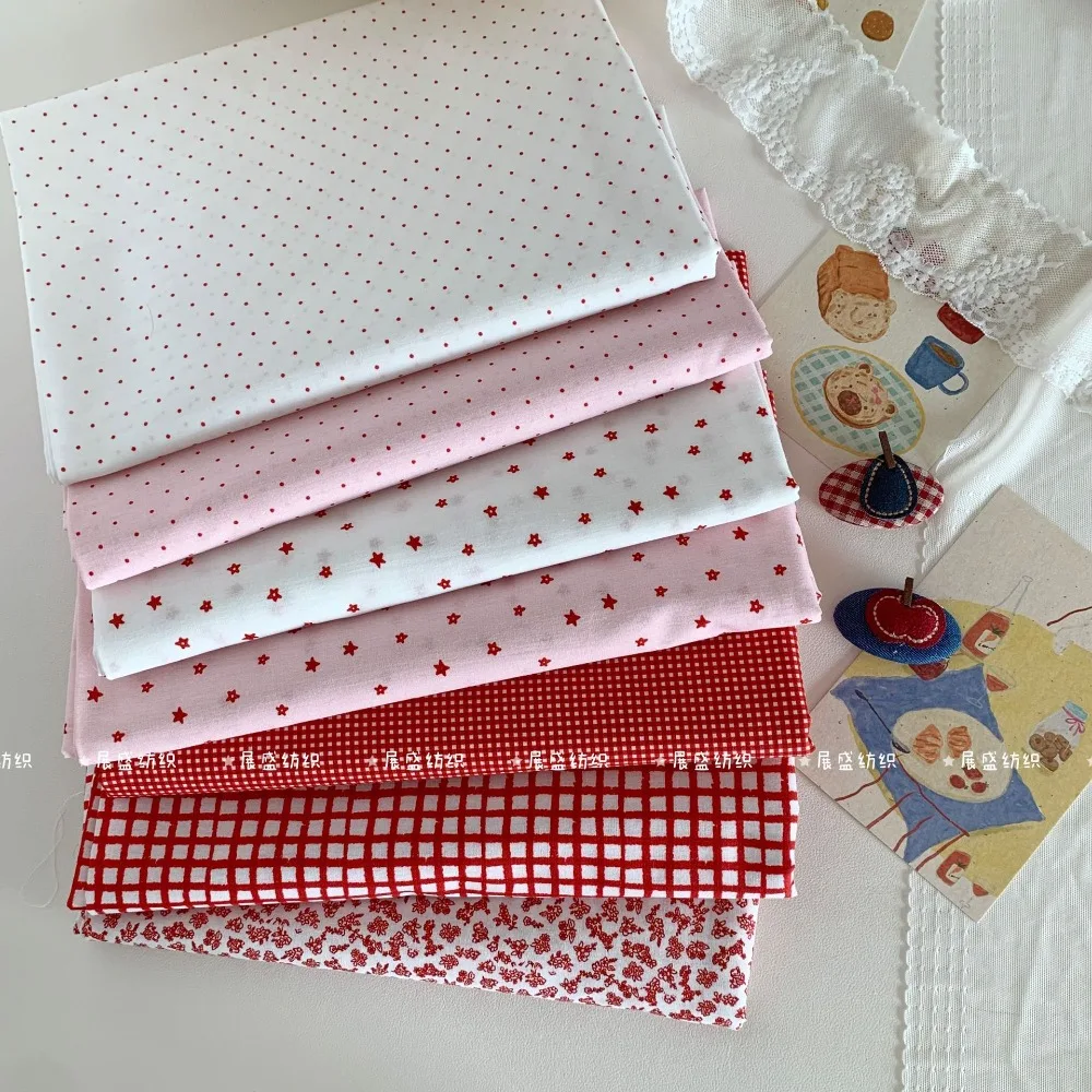 145x50cm 40s Reiner Baumwollstoff Rot mit Blumen-, Karo-, Punkten- und Sternenmuster für DIY Kinderkleidung, Taschen, Puppenkleider, Nähstoff – Detail 8
