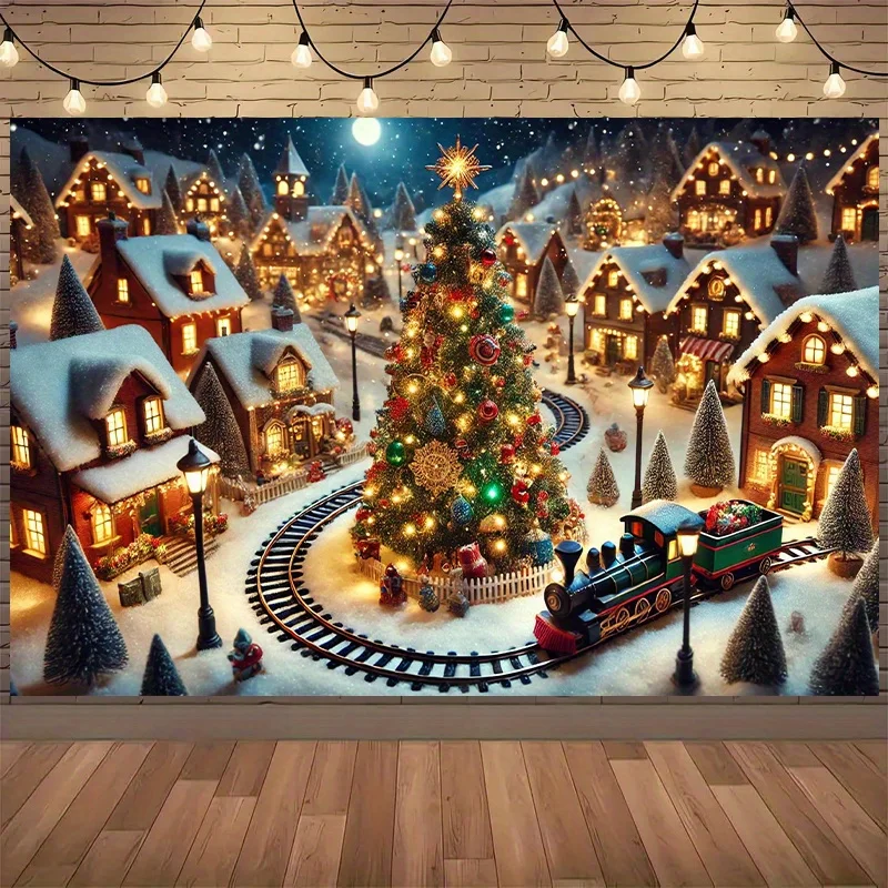 tapestry Cozy Christmas Village Scene Wall Decor - Enchanting Winter Landscape with Illuminated Trees & Festive Train