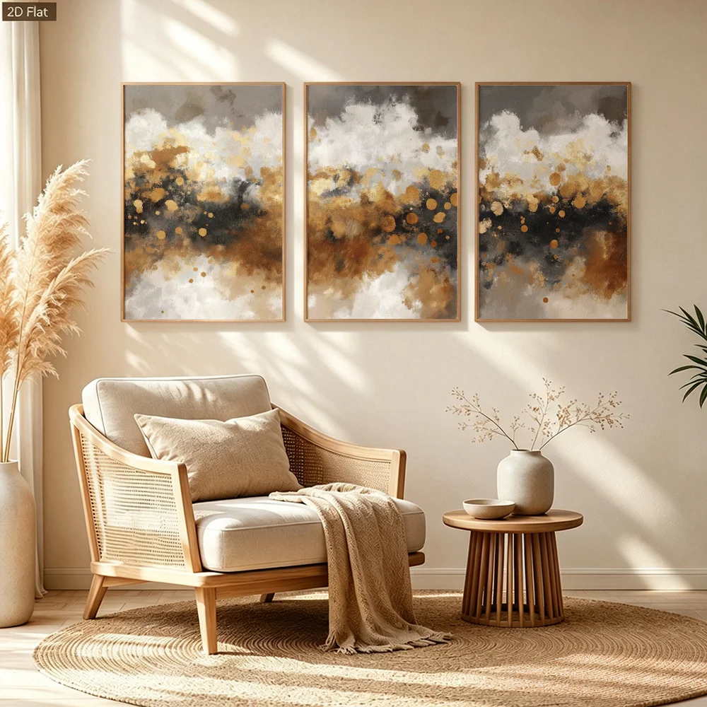 3Pcs Black Gold Splatter Abstract Cloud Canvas Poster Wall Art,2D Print Wall Decor,Art Home Decoration For Living Room Bedroom