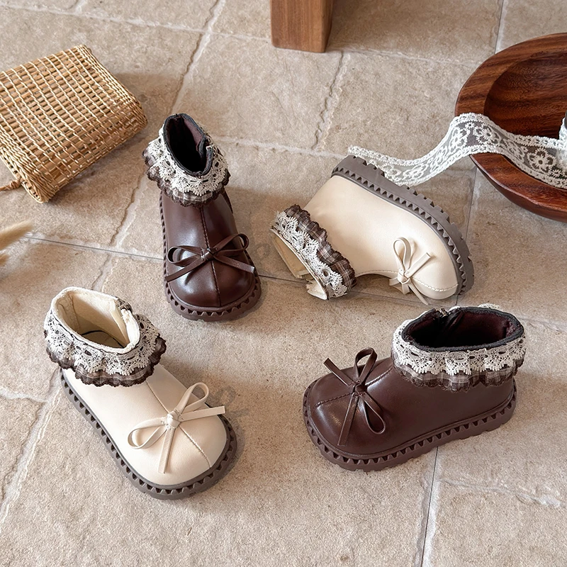 New Sweet Elegant Chic Versatile Casual Lace Ankle Boots for Girls, Kids, and Children, Princess Fashion for Spring and Autumn