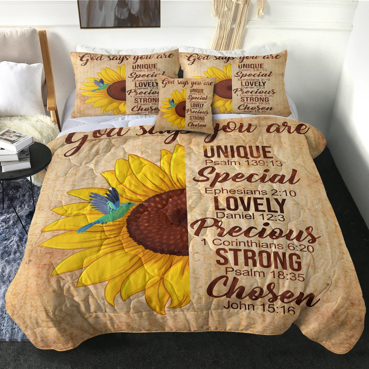 

Sunflower and Blue Hummingbird Printed Design Comforter Set for Kids and Adults Modern Bedspread Home Decor