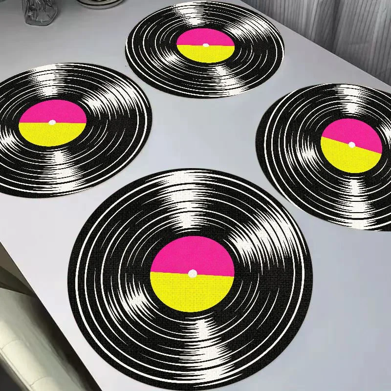 VIKAMA Retro Vinyl Record Circular Round Linen Placemats, Heat Resistant for Dining Table Kitchen Decor