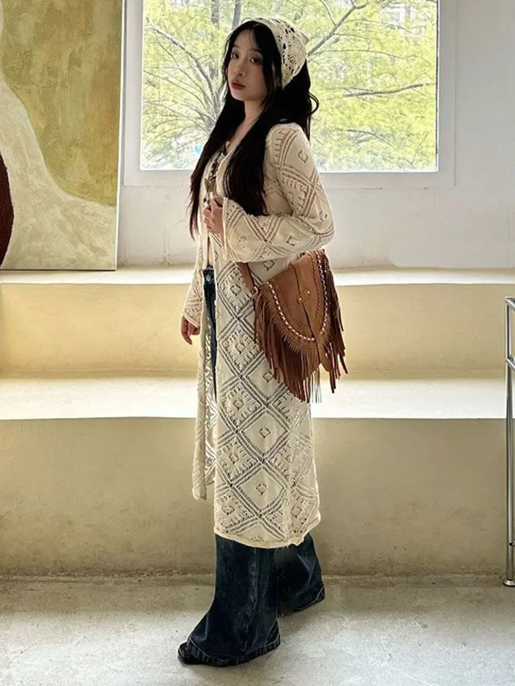 

Элегантный осенний новый кардиган, пальто, женский винтажный тренд, модные вязаные топы с вырезами, 2025 год, солнцезащитные куртки, кружевные рубашки