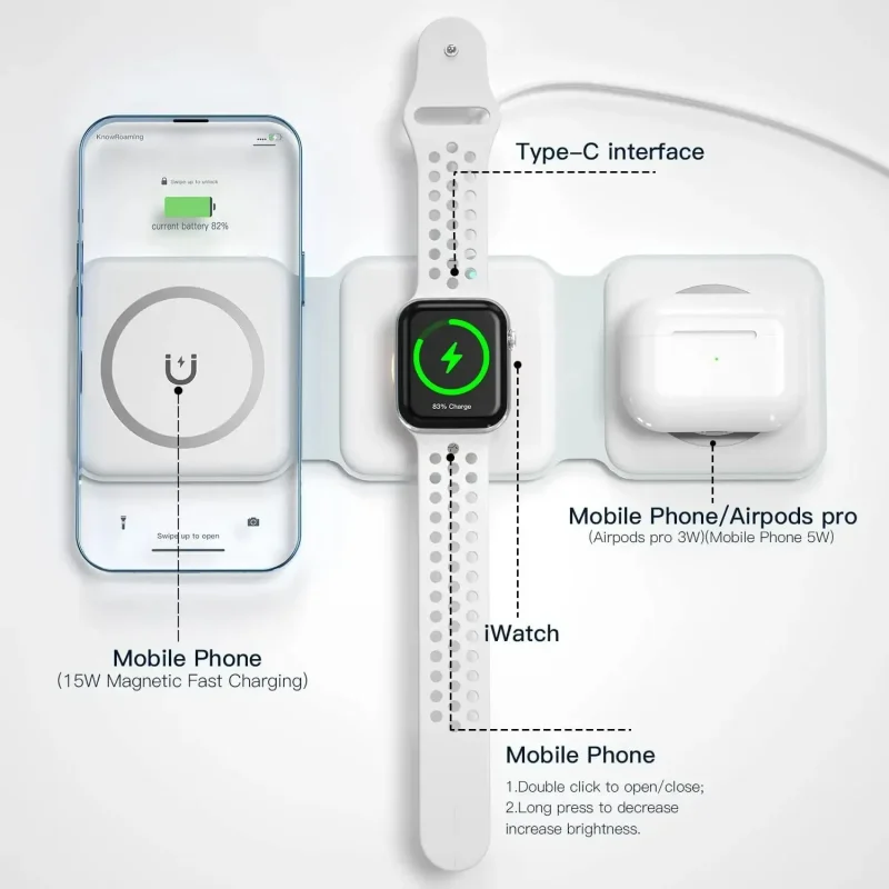 3 في 1 وسادة شاحن لاسلكية مغناطيسية قاعدة شحن سريعة لهاتف iPhone 17 16 15 14 13 Pro Max Apple Watch 9 8 AirPods محطة شحن