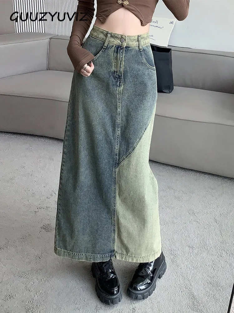 

GUUZYUVIZ Vintage Splice Split Denim Long Skirt Female Blue Korean Fashion High Waist Wash Casual Jean Skirt Women Jupe Femme