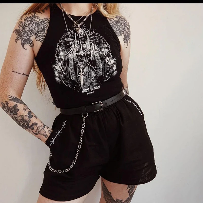 Black Print Design Tank Top Gothic Harajuku Y2k Women Streetwear Grunge Crop Top Vintage Aesthetic Clothes Sleeveless Round-neck