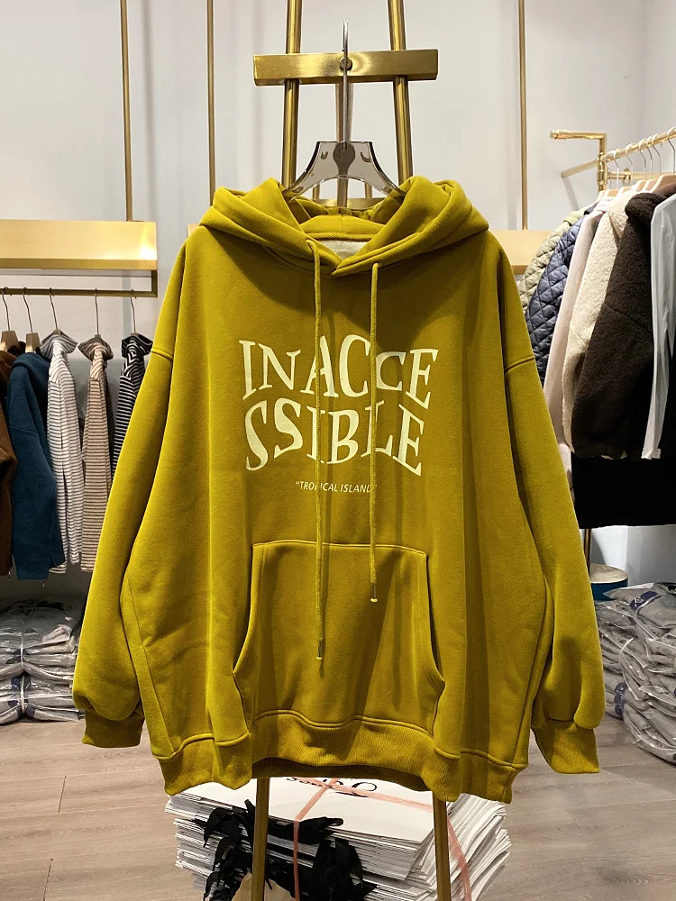 Printing 【Live Shot】letters Winter Thicken Fleece Hooded Sweatshirt Korea Fashion Loose Casual Long Sleeve Hoodie Tops