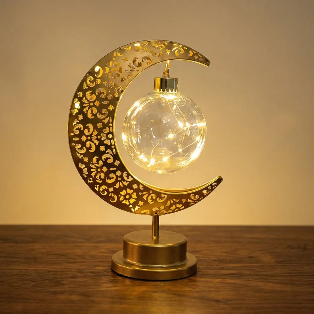 Ramadan Decorative Table Lamp - Moon Hollow Design, Holiday Decorative Lamp With Star Orb, Muslim Style Desktop Modeling Lamp