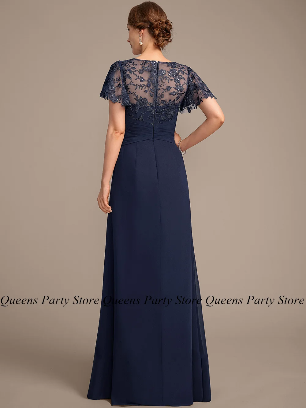 Cheap Navy Mother of The Bride Dress Short Sleeves Sequined Applique Ruffles Chiffon A Line Wedding Guest Gown Evening Dresses