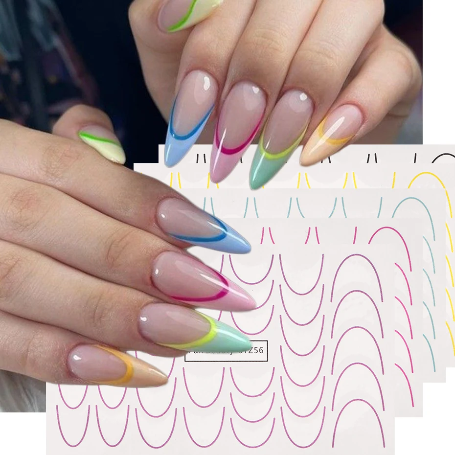 مجموعة ملصقات نقل المياه المتدرجة على شكل خط فرنسي، وردي أرجواني متعدد الألوان على شكل خط فرنسي لتزيين الأظافر بنفسك #3