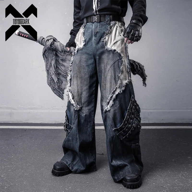 

Vintage Patchwork Distressed Jeans Hip Hop Loose Wide Leg Cargo Pants Men's Washed Distressed Denim Trousers