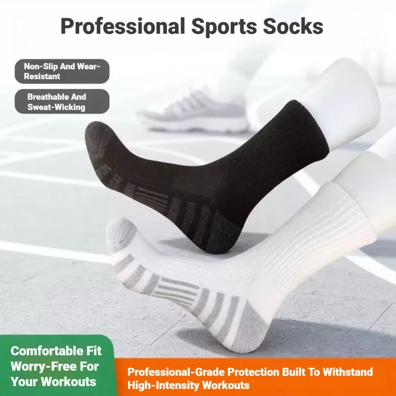 Men Sports Crew Socks Reinforced Heel Toe Arch Support Breathable Sweat Wicking Soft Comfortable Cushioned Socks for Basketball