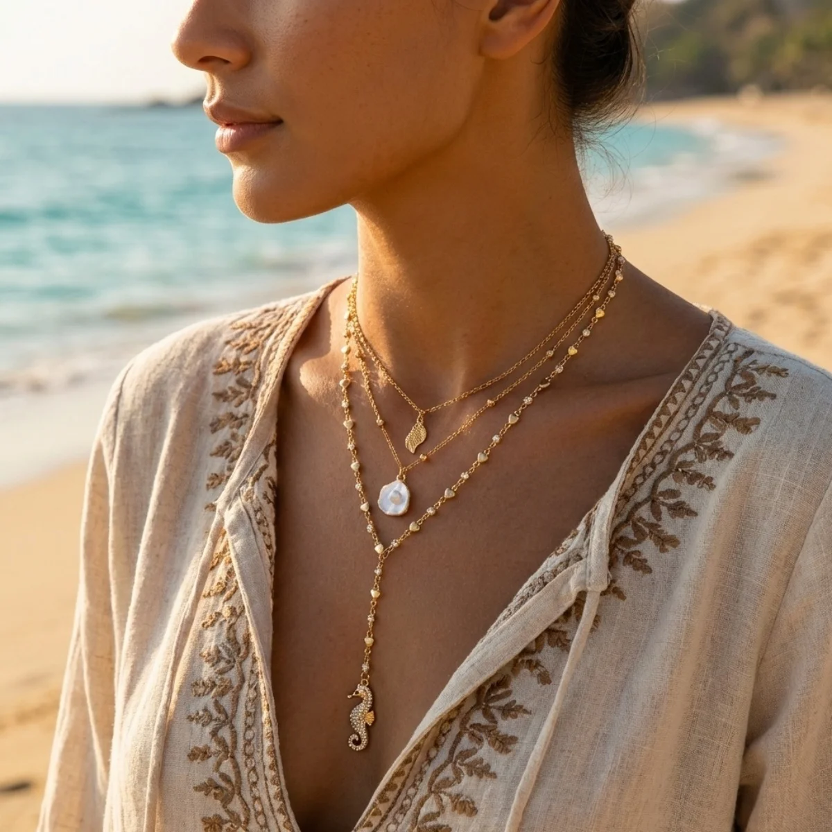 Seepferdchen-Muschel-Anhänger Y-förmige Halskette für Damen und Herren, mehrlagige Ozean-Strand-Meerestier-Kette, Choker, Sommerparty-Schmuck – Detail 8